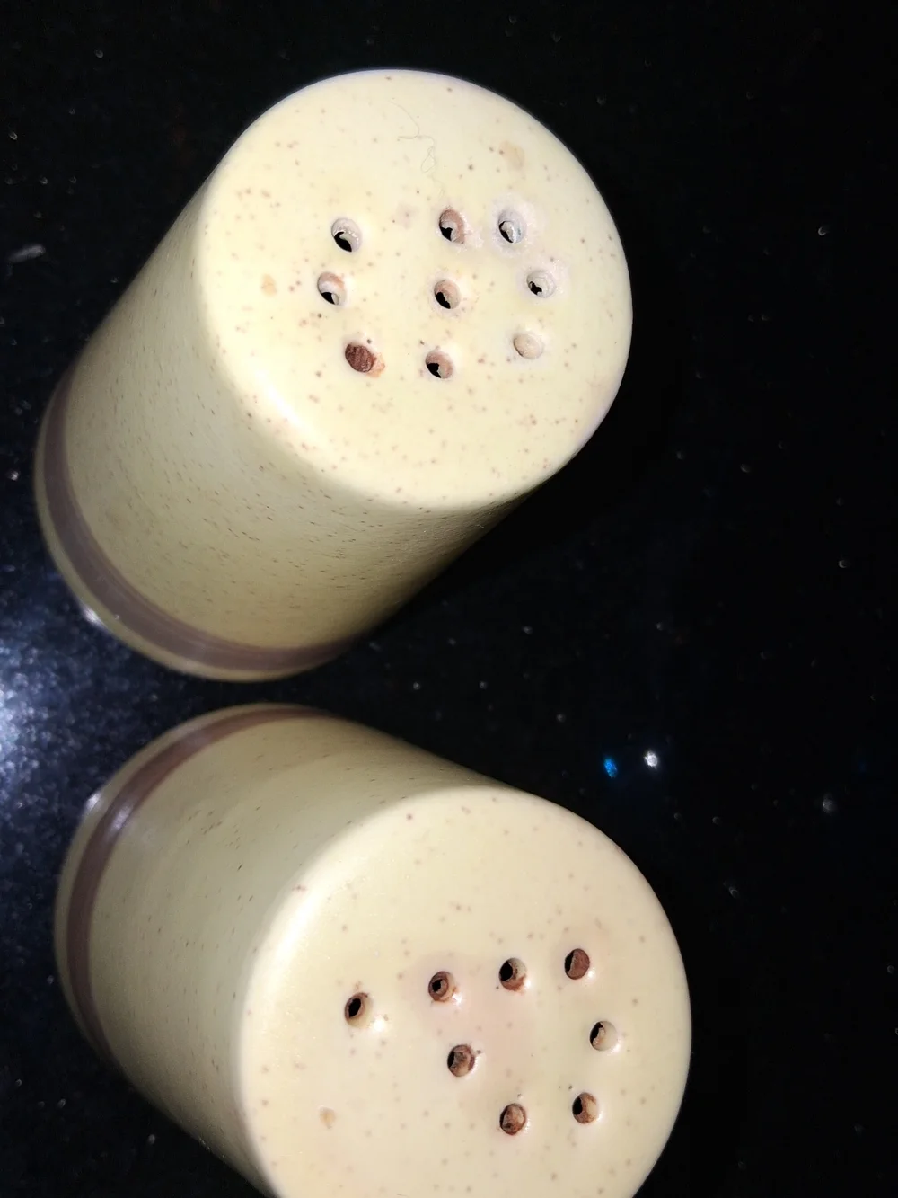 Speckled Beige Ceramic Salt and Pepper Shakers with Brown Band